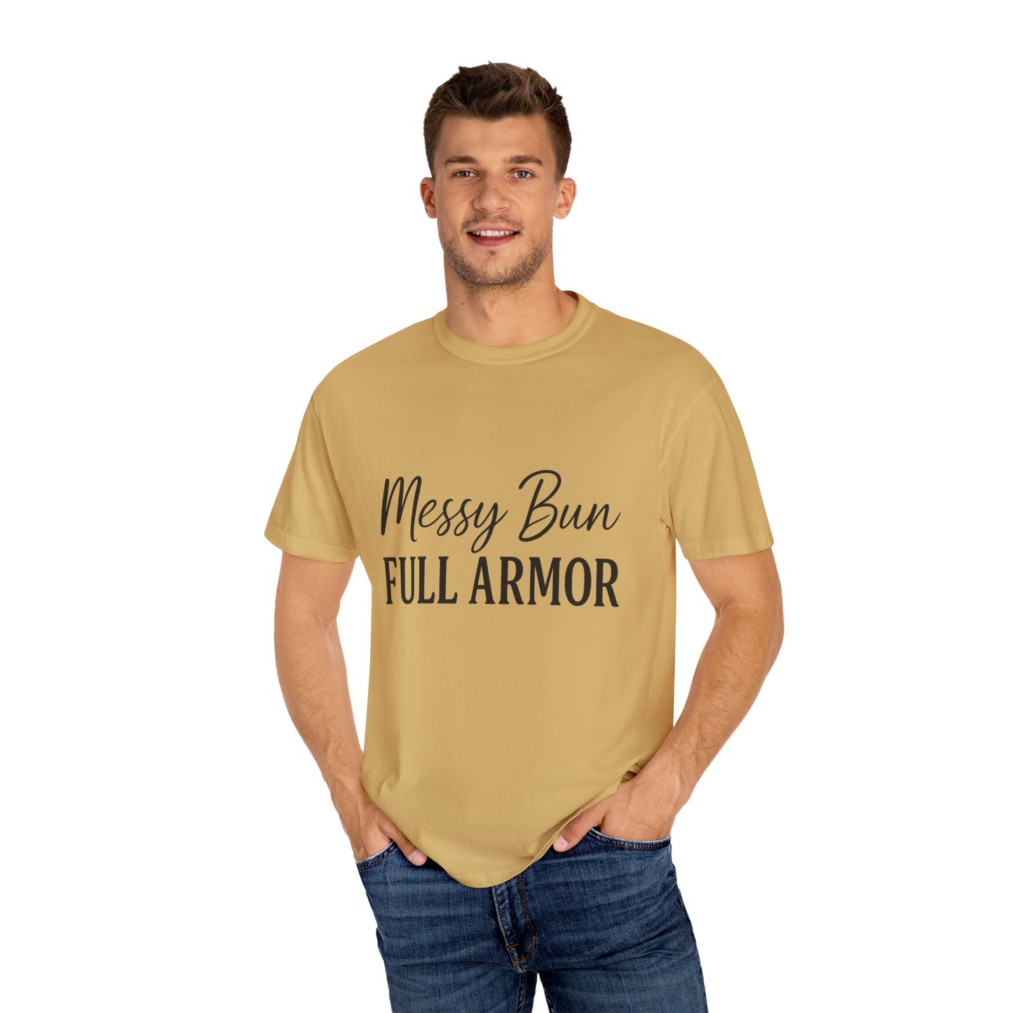 "Messy Bun. Full Armor." Unisex T-Shirt – Sassy Faith-Based Tee for Prayer Warriors in Progress