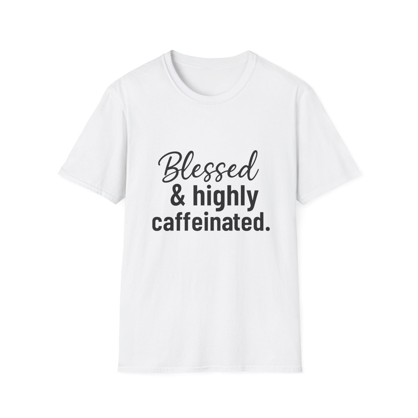 Blessed & Highly Caffeinated T-Shirt – Funny Christian Coffee Lover Tee with Black Lettering