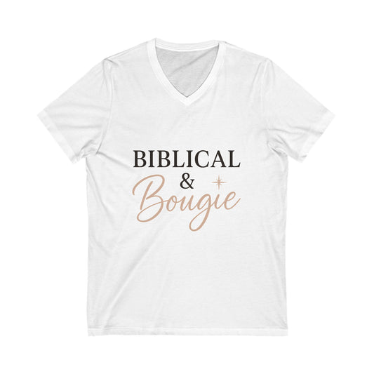 "Biblical & Bougie" V-Neck T-Shirt – Trendy Faith-Based Tee for Bold, God-Loving Women