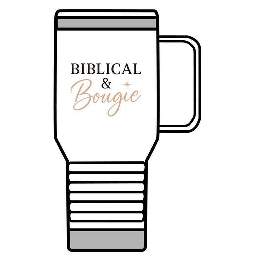 "Biblical & Bougie" Travel Mug – 20oz Black Lettering Insulated Tumbler for Faith-Filled Queens on the Go