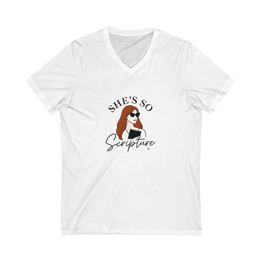 She’s So Scripture™ Unisex V‑Neck Tee – Empowering Everyday Graphic Top