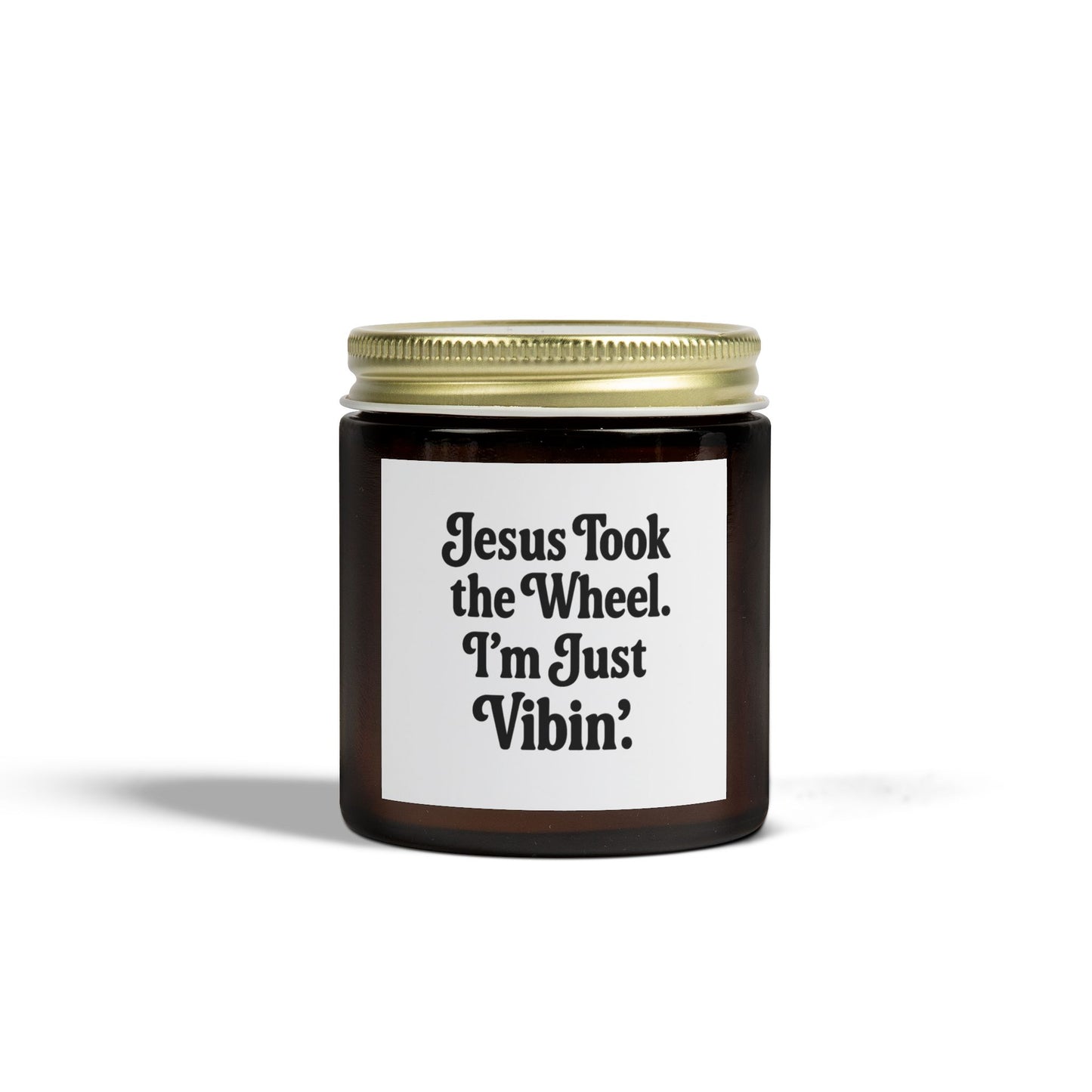"Jesus Took the Wheel. I'm Just Vibin." Scented Candle – 4oz Coconut Apricot Wax Candle, Faith-Based Gift with Relaxing Vibes