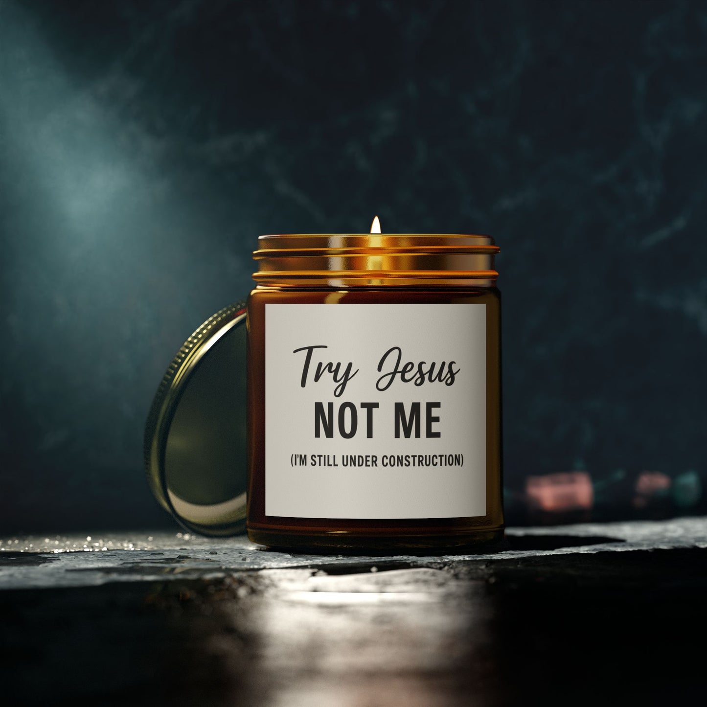 Try Jesus, Not Me. I’m Still Under Construction – 4oz Scented Candle, Coconut Apricot Wax, Funny Christian Gift, Faith with a Side of Realness
