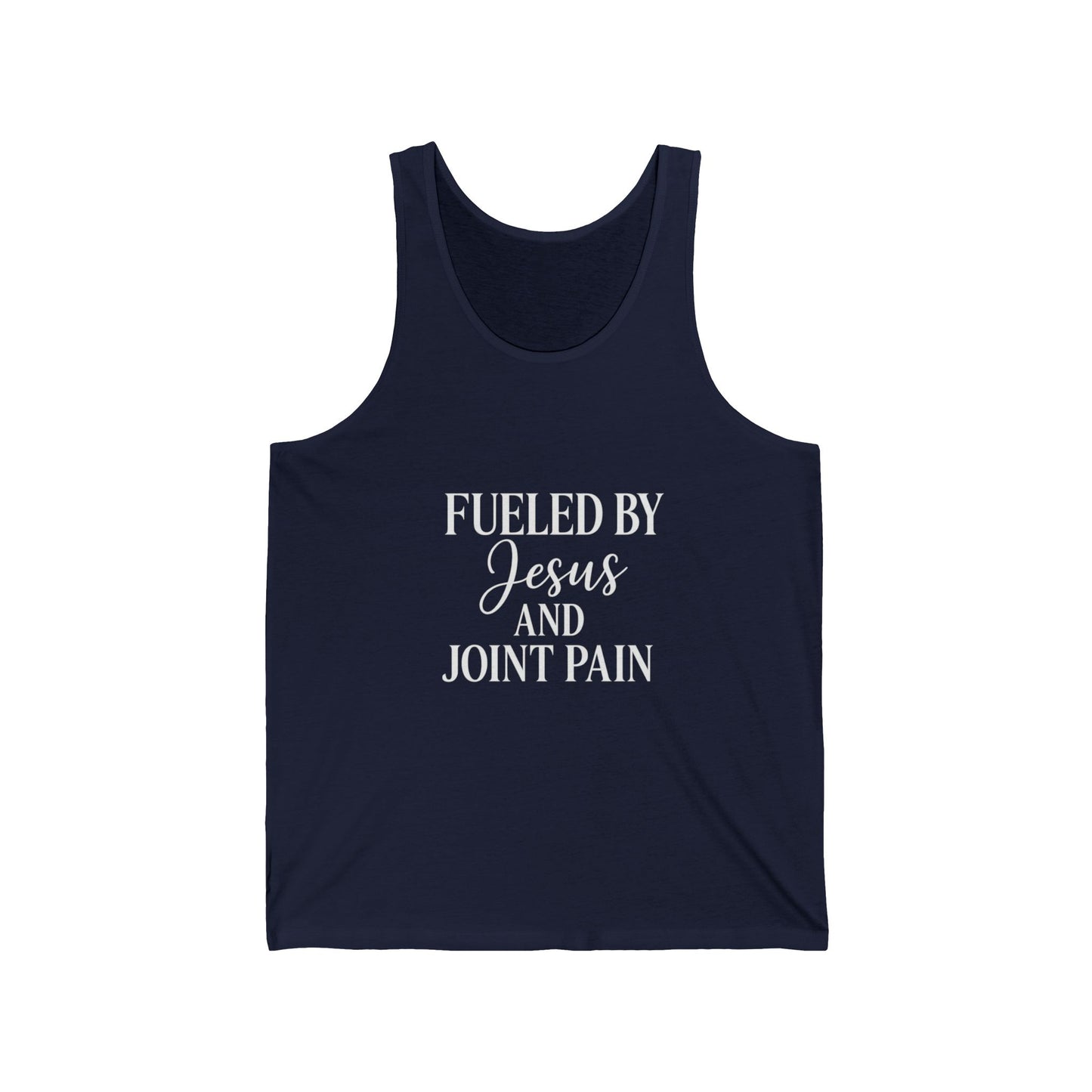 Fueled by Jesus & Joint Pain” Unisex Jersey Tank – Faith + Chronic Illness Statement Tee