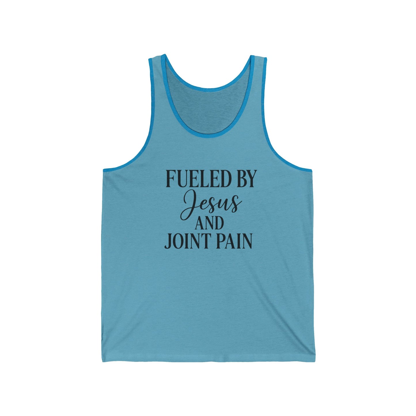 “Fueled by Jesus & Joint Pain” Unisex Jersey Tank – Faith + Chronic Illness Statement Tee