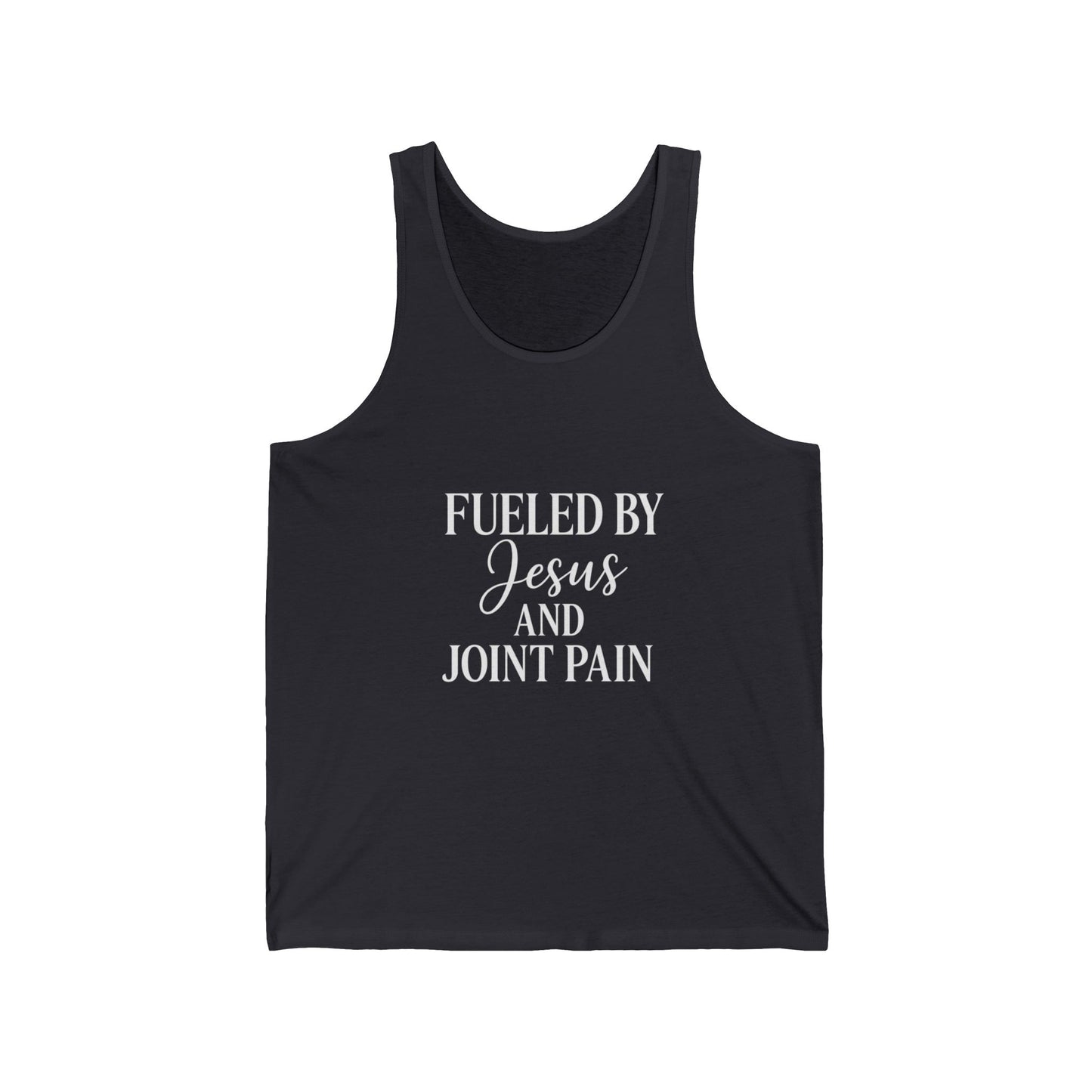 Fueled by Jesus & Joint Pain” Unisex Jersey Tank – Faith + Chronic Illness Statement Tee