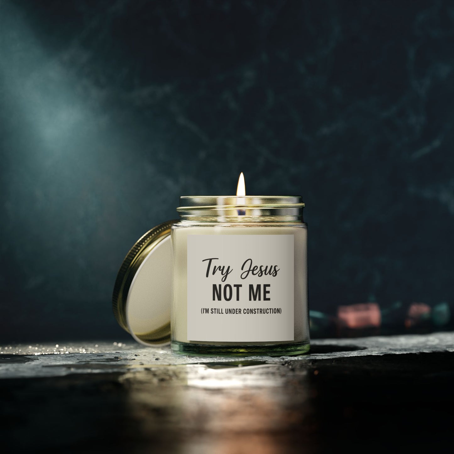 Try Jesus, Not Me. I’m Still Under Construction – 4oz Scented Candle, Coconut Apricot Wax, Funny Christian Gift, Faith with a Side of Realness