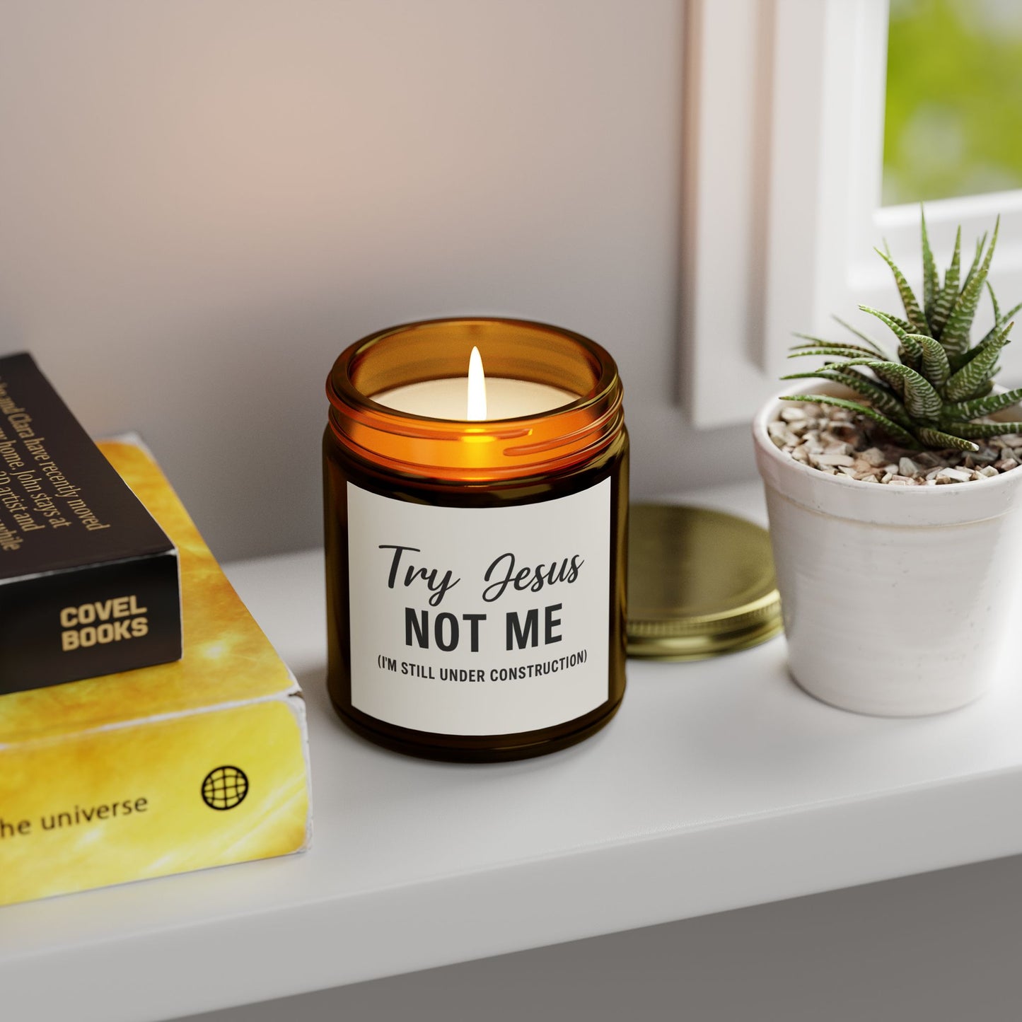 Try Jesus, Not Me. I’m Still Under Construction – 4oz Scented Candle, Coconut Apricot Wax, Funny Christian Gift, Faith with a Side of Realness