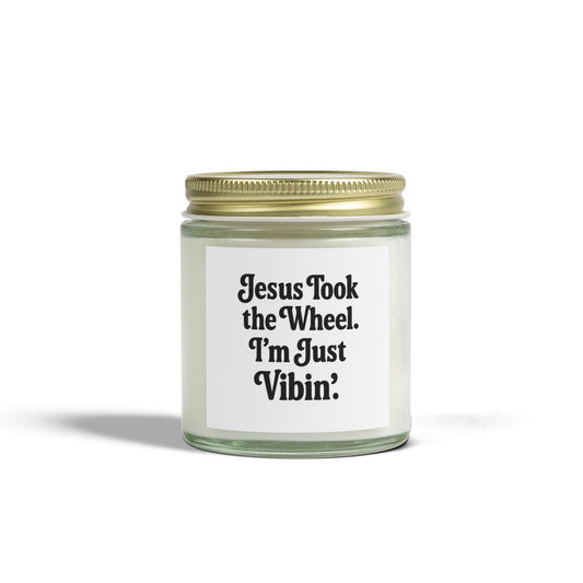 "Jesus Took the Wheel. I'm Just Vibin." Scented Candle – 4oz Coconut Apricot Wax Candle, Faith-Based Gift with Relaxing Vibes