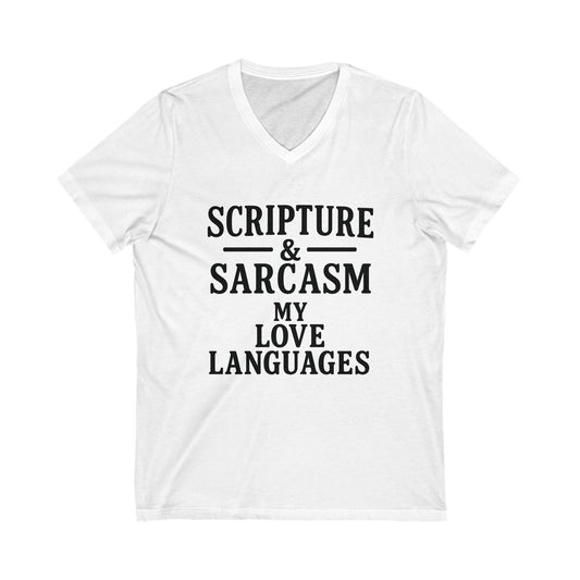 "Scripture & Sarcasm" Tee – Unisex V‑Neck • Where Faith Meets Fun