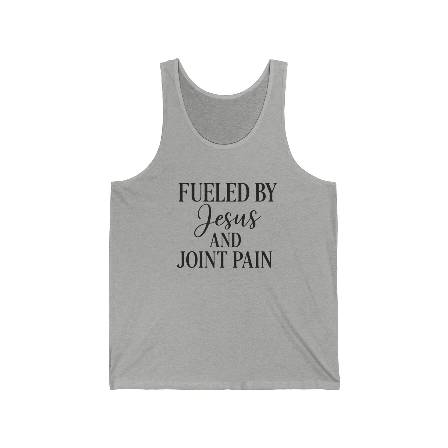 “Fueled by Jesus & Joint Pain” Unisex Jersey Tank – Faith + Chronic Illness Statement Tee