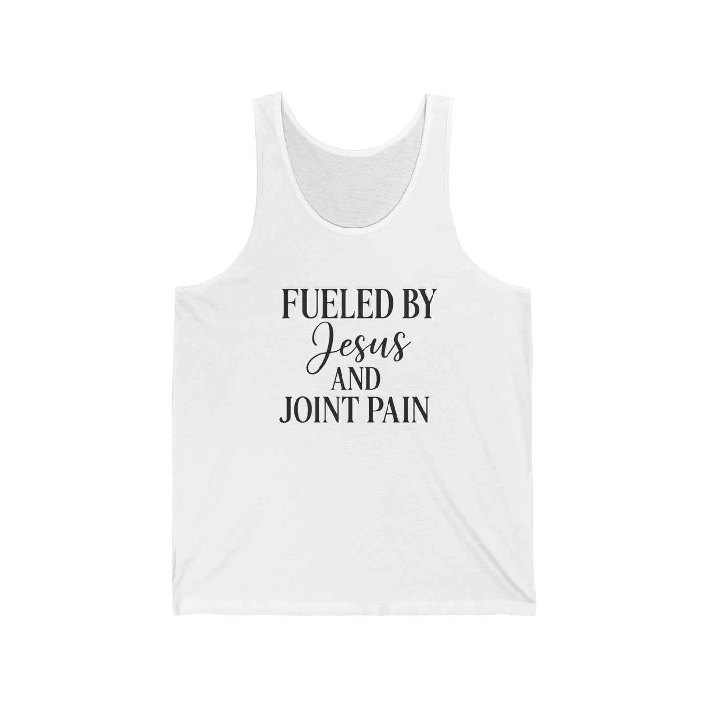 “Fueled by Jesus & Joint Pain” Unisex Jersey Tank – Faith + Chronic Illness Statement Tee