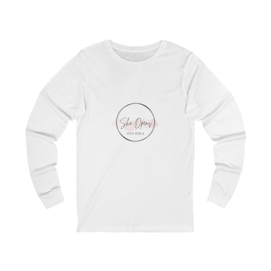 She Opens Her Bible™ Women’s Long Sleeve T-Shirt – Faith-Inspired Lightweight Cotton Tee