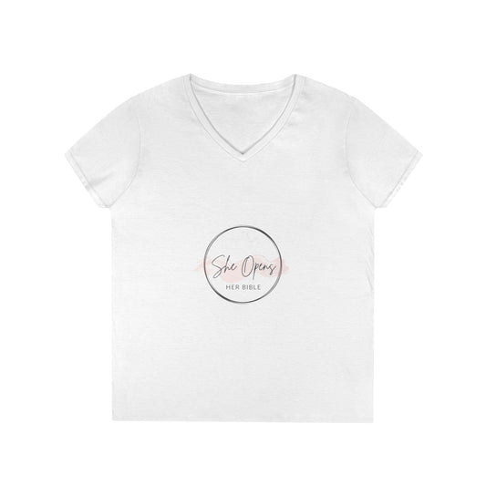 She Opens Her Bible™ Women’s V-Neck T-Shirt – Faith-Inspired Cotton Tee with Flattering Fit