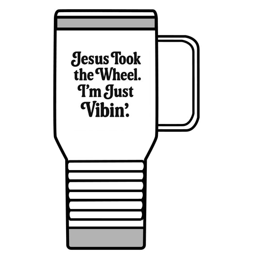 "Jesus Took the Wheel. I'm Just Vibin." 20oz Travel Mug – Funny Faith-Based Tumbler for Coffee Lovers & Spiritual Commuters