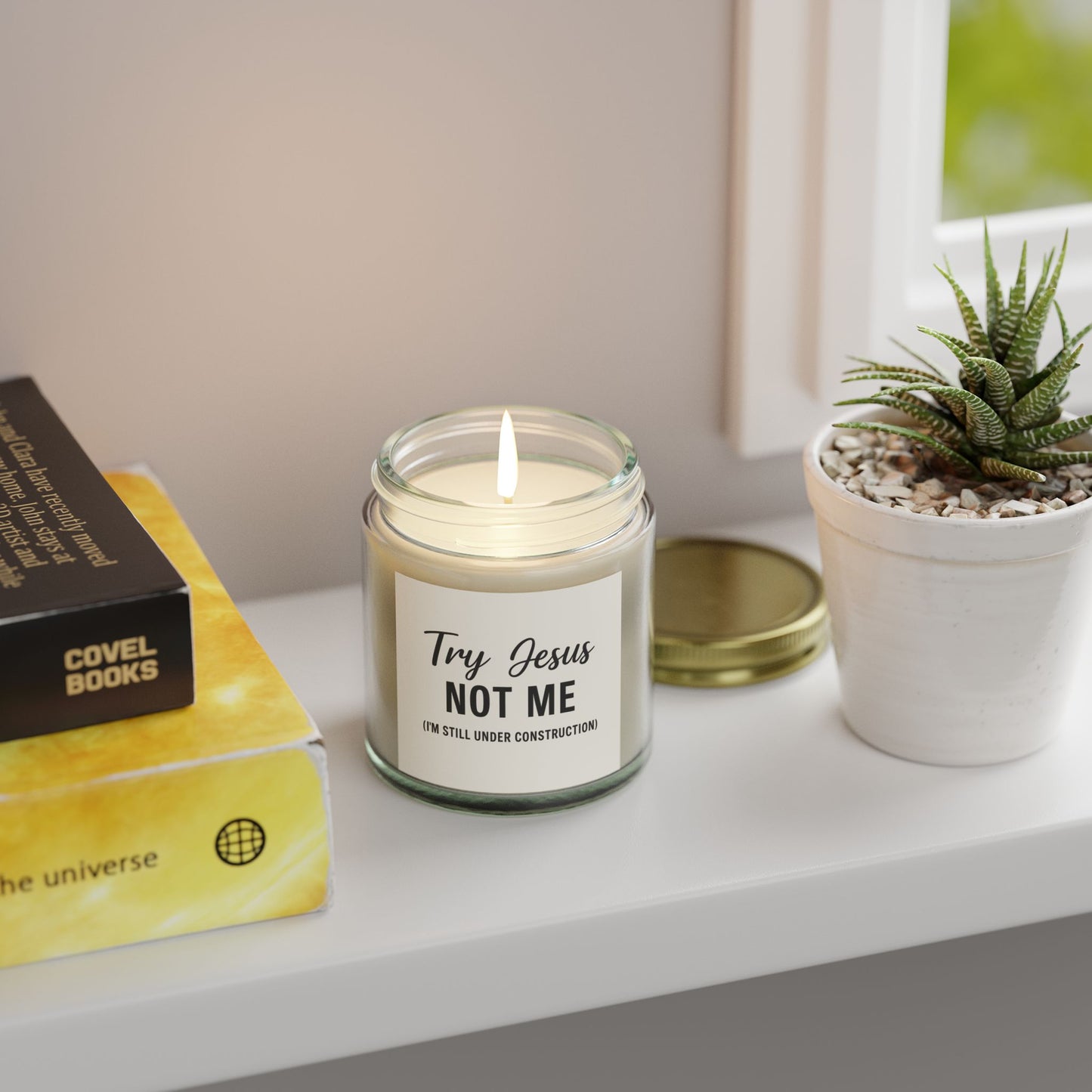 Try Jesus, Not Me. I’m Still Under Construction – 4oz Scented Candle, Coconut Apricot Wax, Funny Christian Gift, Faith with a Side of Realness