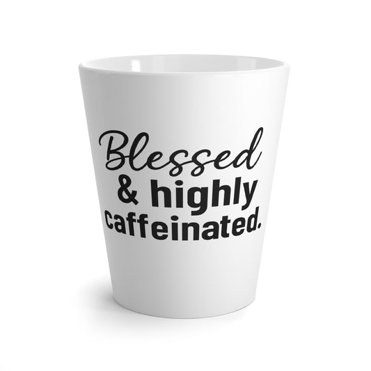 Blessed & Highly Caffeinated Latte Mug – 12oz Christian Coffee Lover Gift, Funny Faith-Inspired Mug in Black Lettering