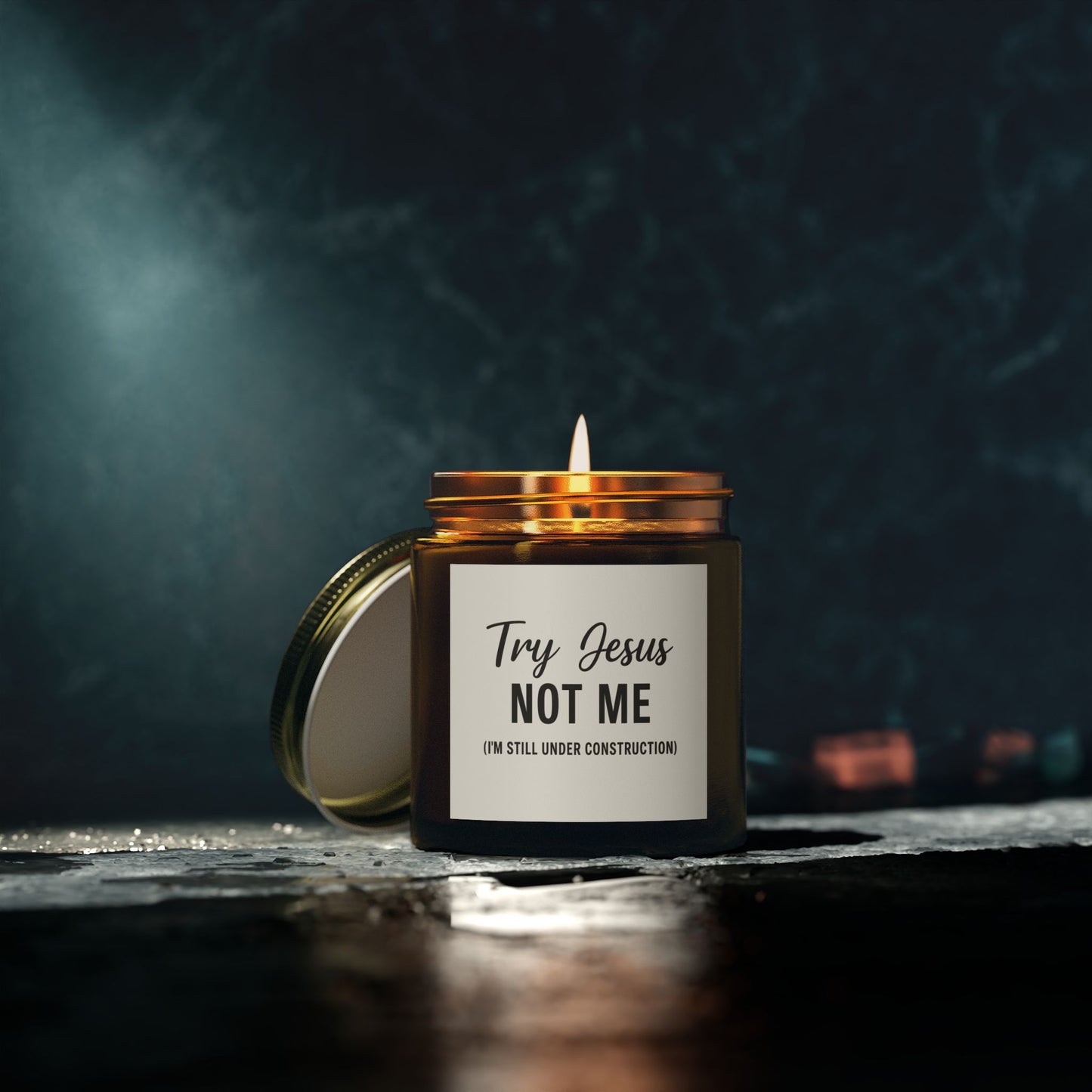 Try Jesus, Not Me. I’m Still Under Construction – 4oz Scented Candle, Coconut Apricot Wax, Funny Christian Gift, Faith with a Side of Realness