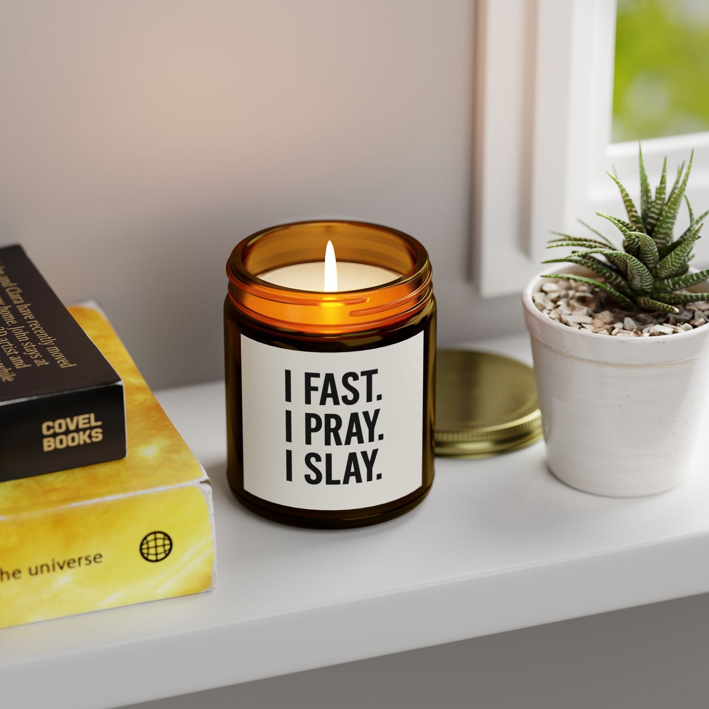 "I Fast. I Pray. I Slay." Scented Candle – 4oz Coconut Apricot Wax, Christian Empowerment Gift, Faith & Self-Care Home Decor