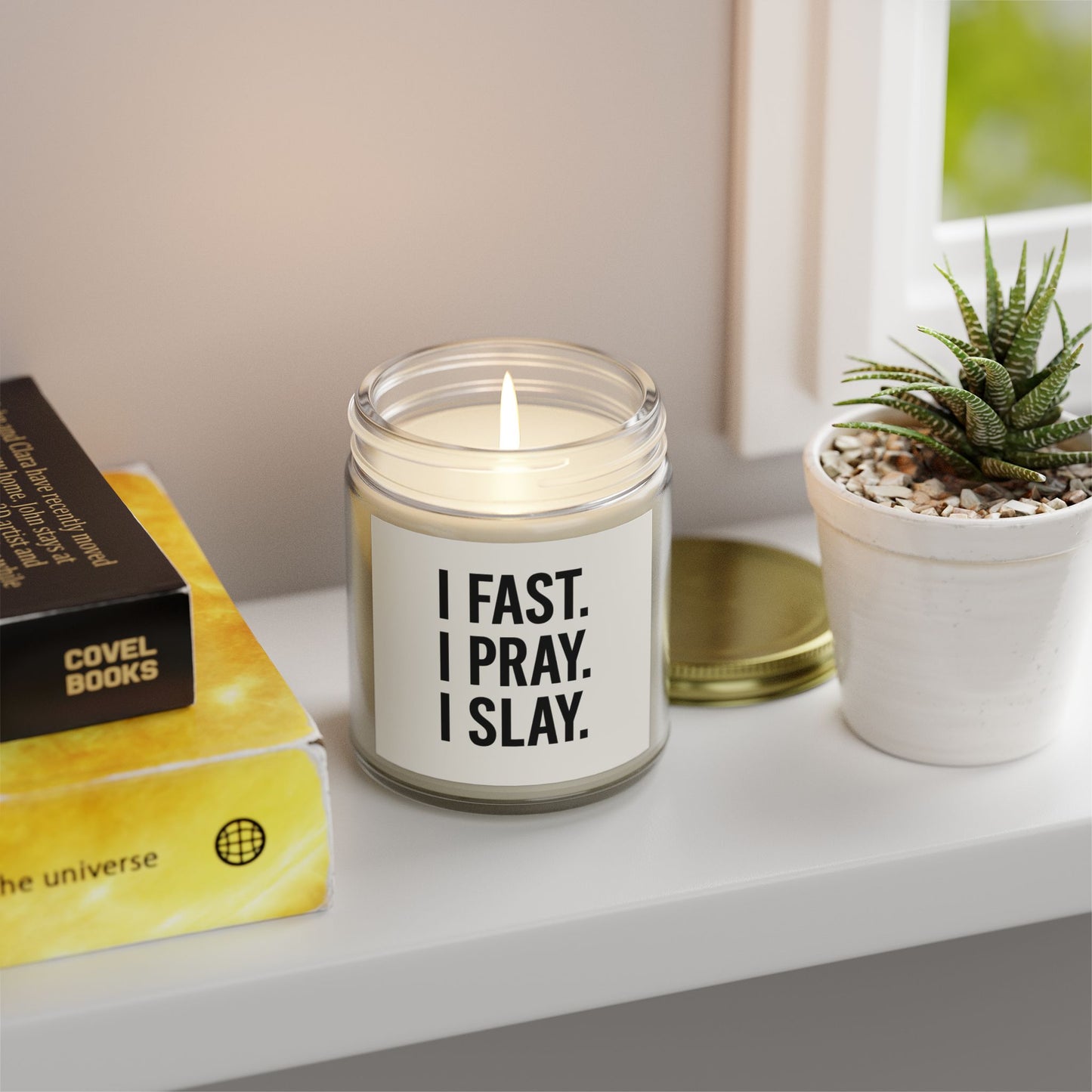 "I Fast. I Pray. I Slay." Scented Candle – 4oz Coconut Apricot Wax, Christian Empowerment Gift, Faith & Self-Care Home Decor