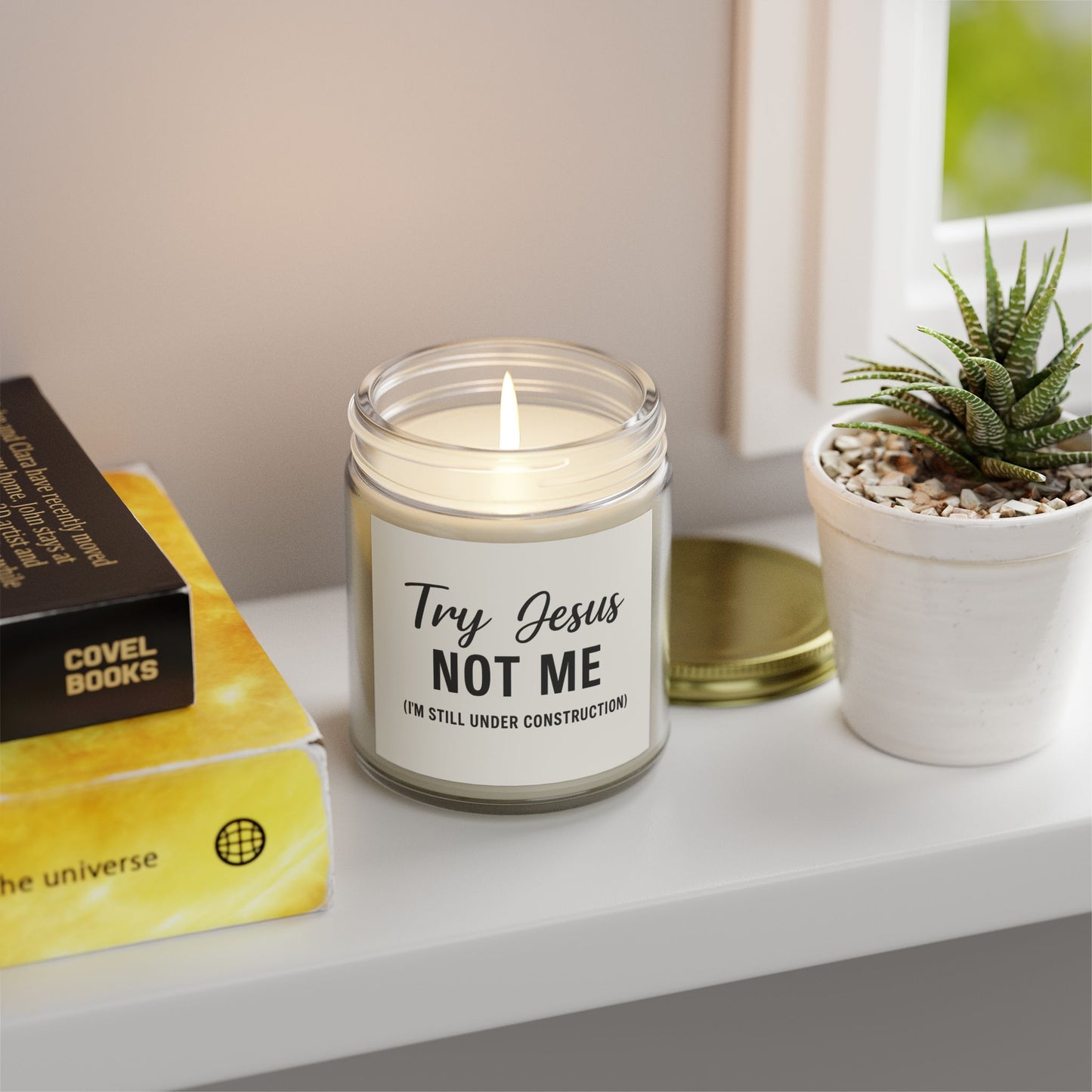 Try Jesus, Not Me. I’m Still Under Construction – 4oz Scented Candle, Coconut Apricot Wax, Funny Christian Gift, Faith with a Side of Realness