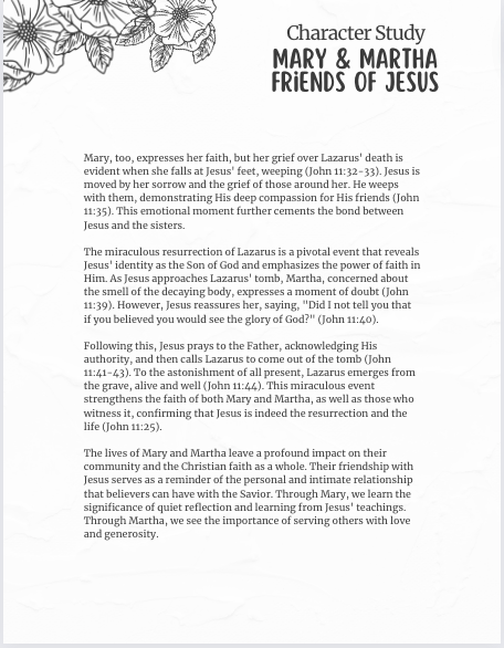 Mary and Martha: Friends of Jesus Mini-Bible Study and Bible Study Notes