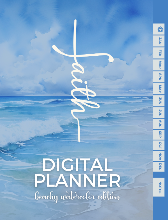 Faith Digital Planner – Watercolor Beach Edition | Spiritual Growth & Daily Life Organizer