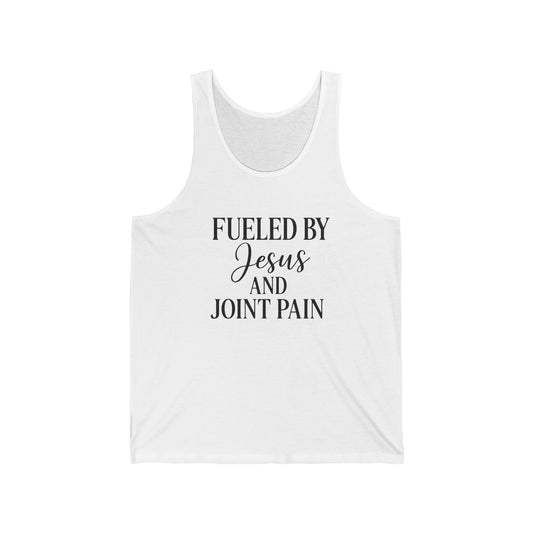 “Fueled by Jesus & Joint Pain” Unisex Jersey Tank – Faith + Chronic Illness Statement Tee